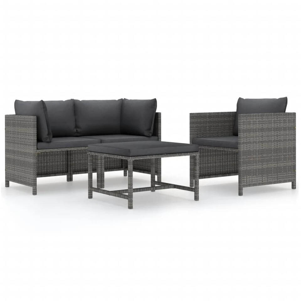VidaXL 4-delige Loungeset Met Kussens Poly Rattan Grijs 3 VidaXL 4-delige Loungeset Met Kussens Poly Rattan Grijs