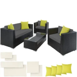 Tectake - Loungeset München - Wicker - 2 Sets Kussenhoezen - Zwart