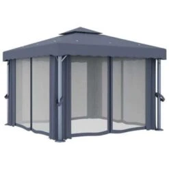 VidaXL Prieel Met Gordijn 3x3 M Aluminium Antraciet -Tuinmeubel Winkel a54567d2802341bfb61235152a79c6f2